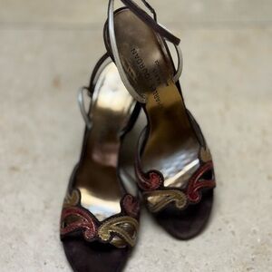 Charles Jourdan Paris Embroidered Suede Slingback Heels